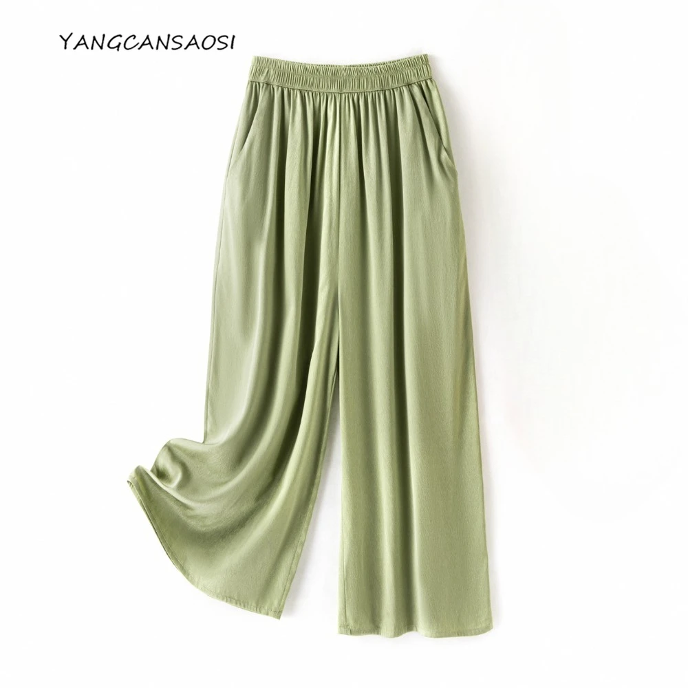 

2025 Women's Summer New 93% Natural Mulberry Silk Elastic Jacquard SangBo Satin Casual Versatile Avocado Green Capri Pants