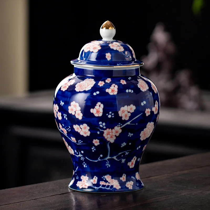 900ML Plum Blossom Ceramic Tea Jar Blue and White Ice Plum Glaze Ginger Jar Dried Fruit Sealed Jar Art Home Decoration Retro