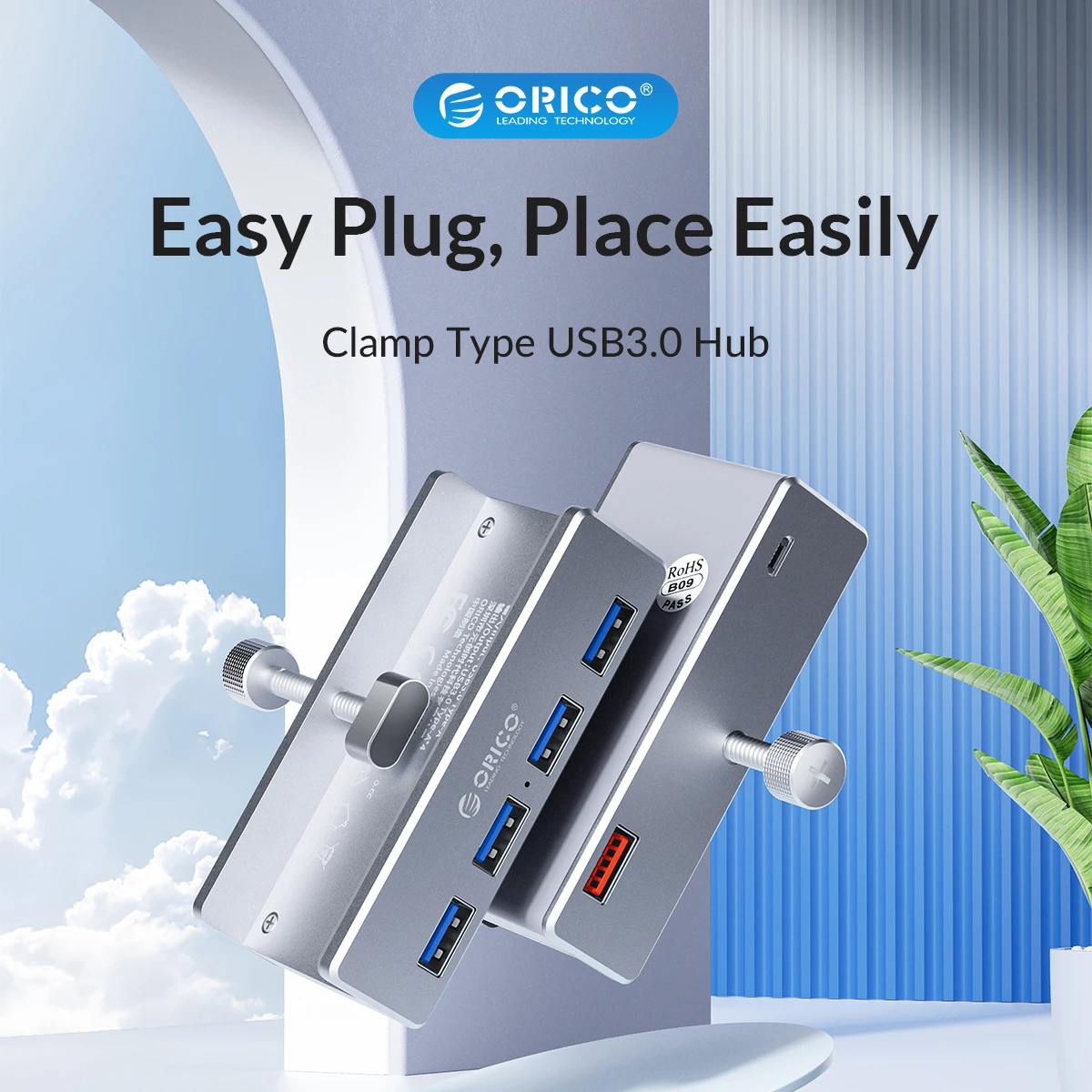 ORICO Aluminum 4 Ports USB 3.0 Clip HUB with Power Supply High Speed 5GBPS Data Transmission for MAC OS PC