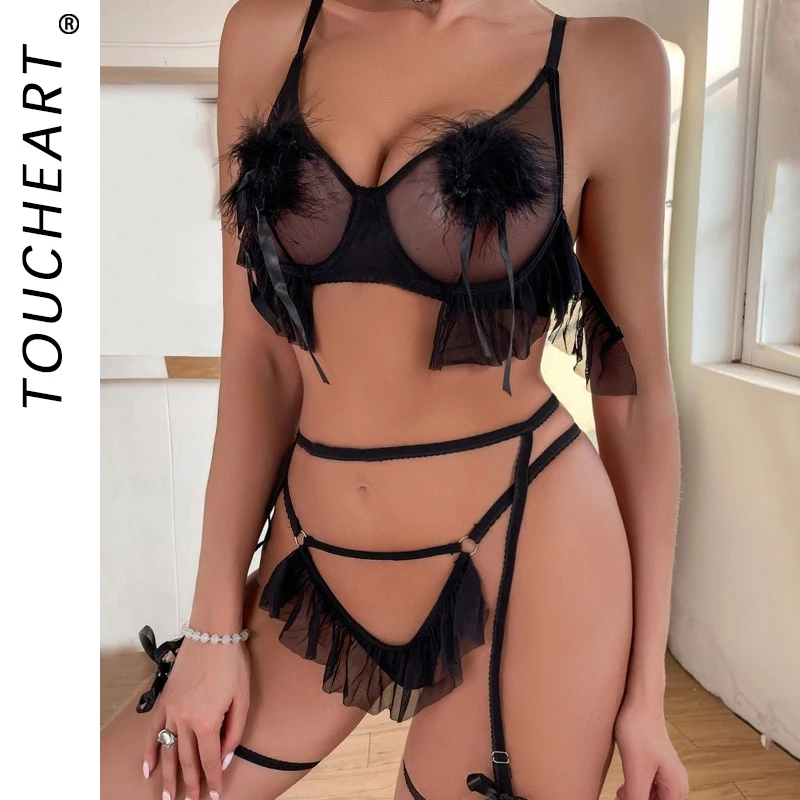 Toucheart Sexy Lingerie Pleated See-Through Mesh Patchwork Underwire Push-Up Underwear Set For Women Solid Color Plush Underwear