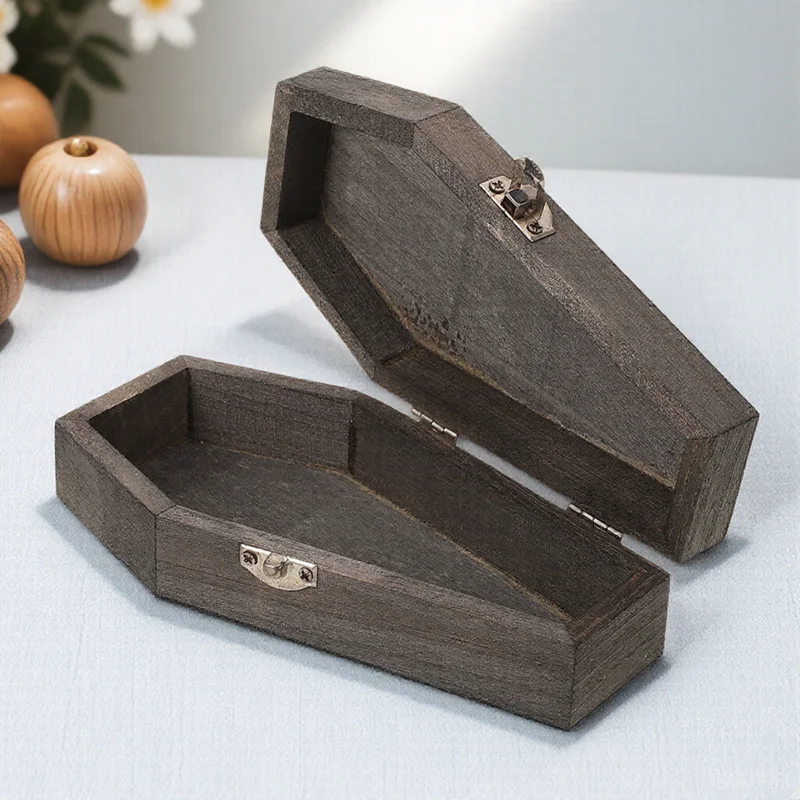

Wooden Coffin Jewelry Box Halloween Themed Storage Case Small Portable Organizer for Earrings Rings Necklaces Trinket Box