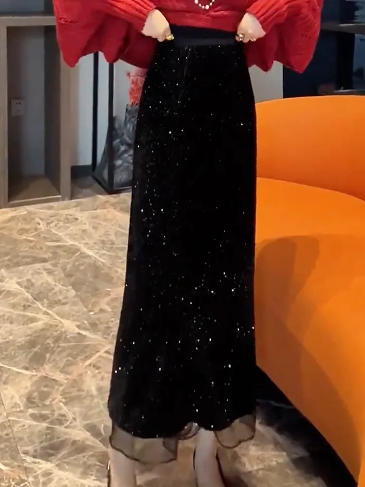 

Новая женская прямая длинная юбка миди с пайетками и высокой талией, стройнящая, осенне-зимняя, в корейском стиле, для офиса