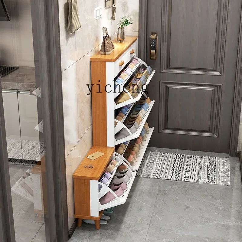 

ultra-thin tipping bucket shoe cabinet, stool entrance cabinet integrated solid wood leg shoe rack