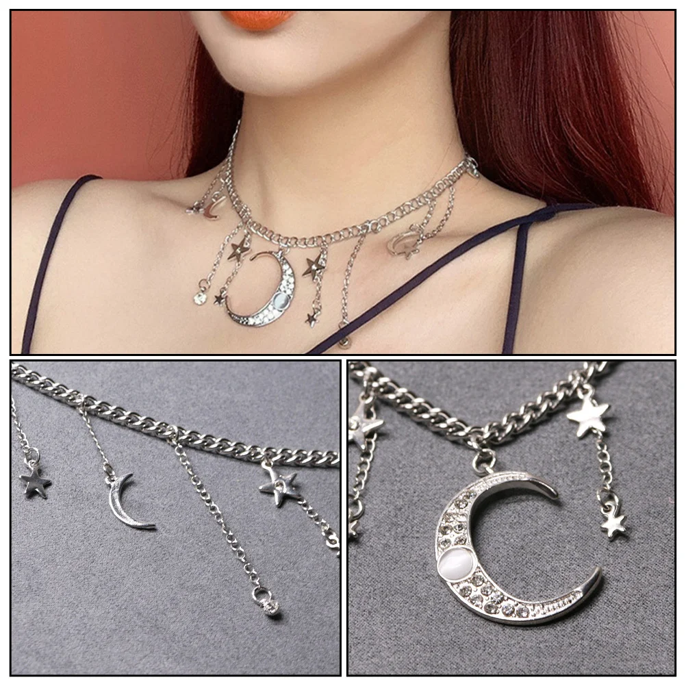 

Star Moon Clavicle Chain Necklace Rhinestone Tassel Pendant Delicate Alloy Titanium Steel Women Fashion Jewelry