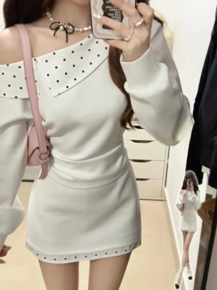 

Korean Style Sweet Patchwork Slim Sets Women Off Shoulder Long Sleeve Top + Polka Dot Skirt Suit Harajuku Elegant Two-piece Set
