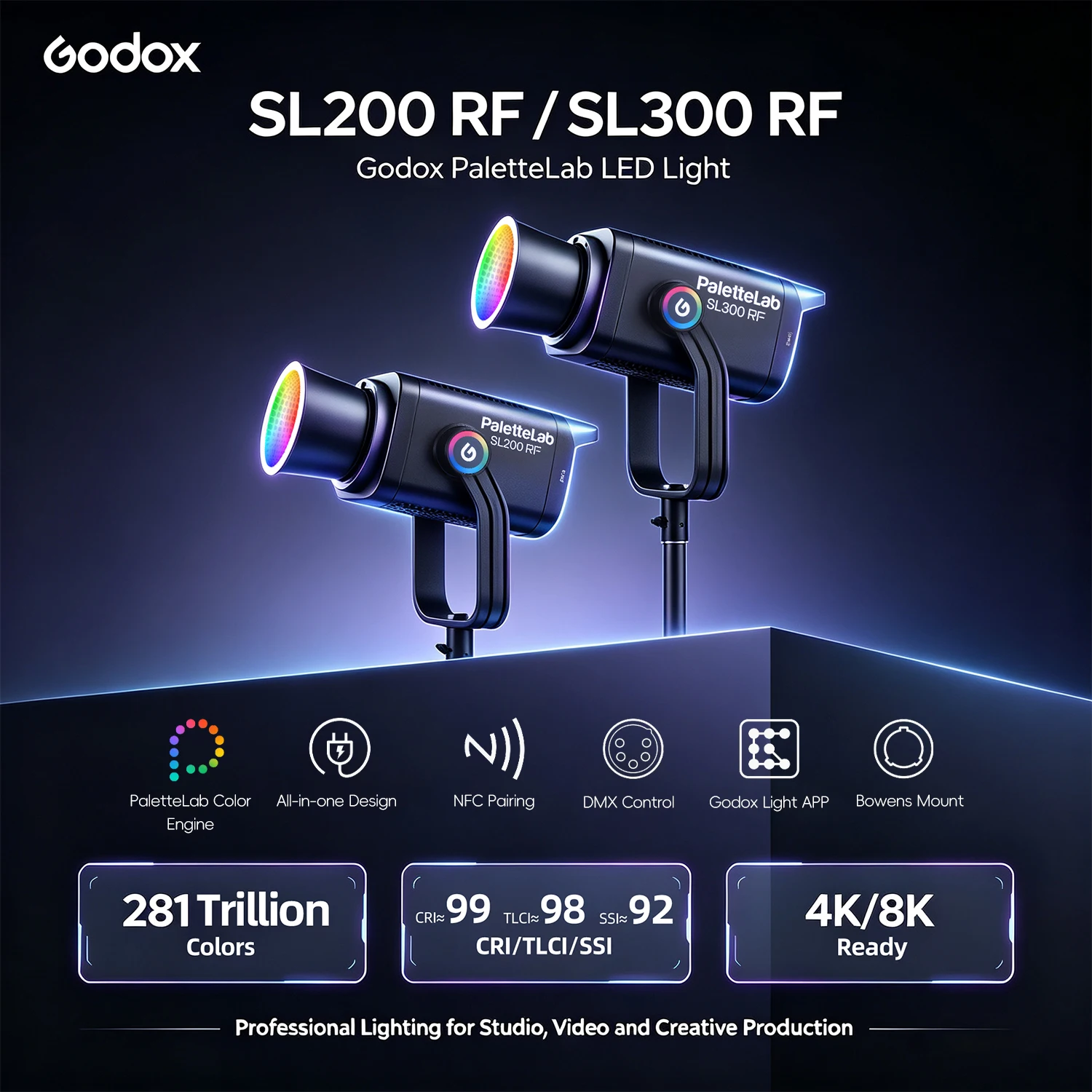Godox SL200RF SL300RF Full Color RGB LED Video Light 1800-10000K Bowens Mount PaletteLab Support DMX/APP Control