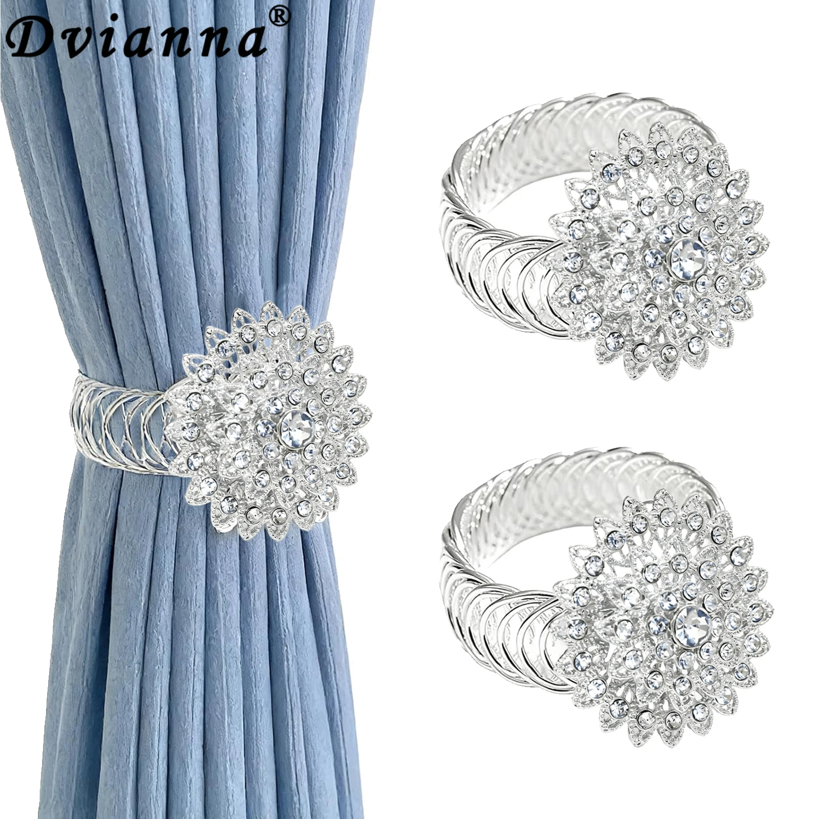 Tie Clip Silver - 2Pcs Crystal Flower Curtain Tiebacks, Silver