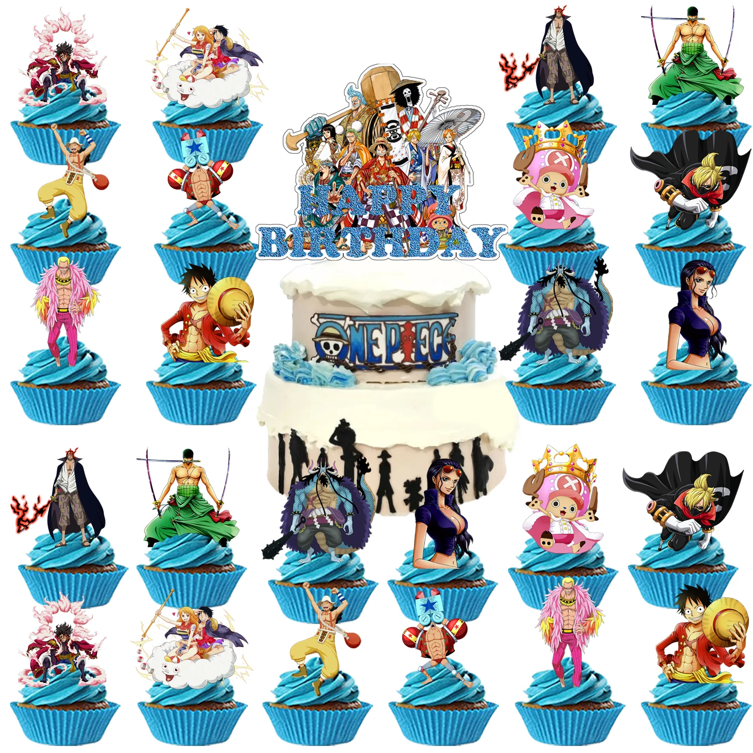 One Piece Stitch Cake Topper、Cupcake Toppers for Kids Happy Birthday Cake Decoration One Piece birthday Party Gift