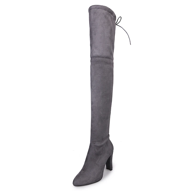 Botas hasta la rodilla de tejido elástico para mujer, zapatos de tacón alto sin cordones, Punta puntiaguda, talla grande, Size34-43