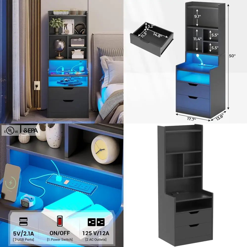 

LED-Illuminated Nightstand with Charging Station, 2 Drawers, and Shelves for Bedside Storage