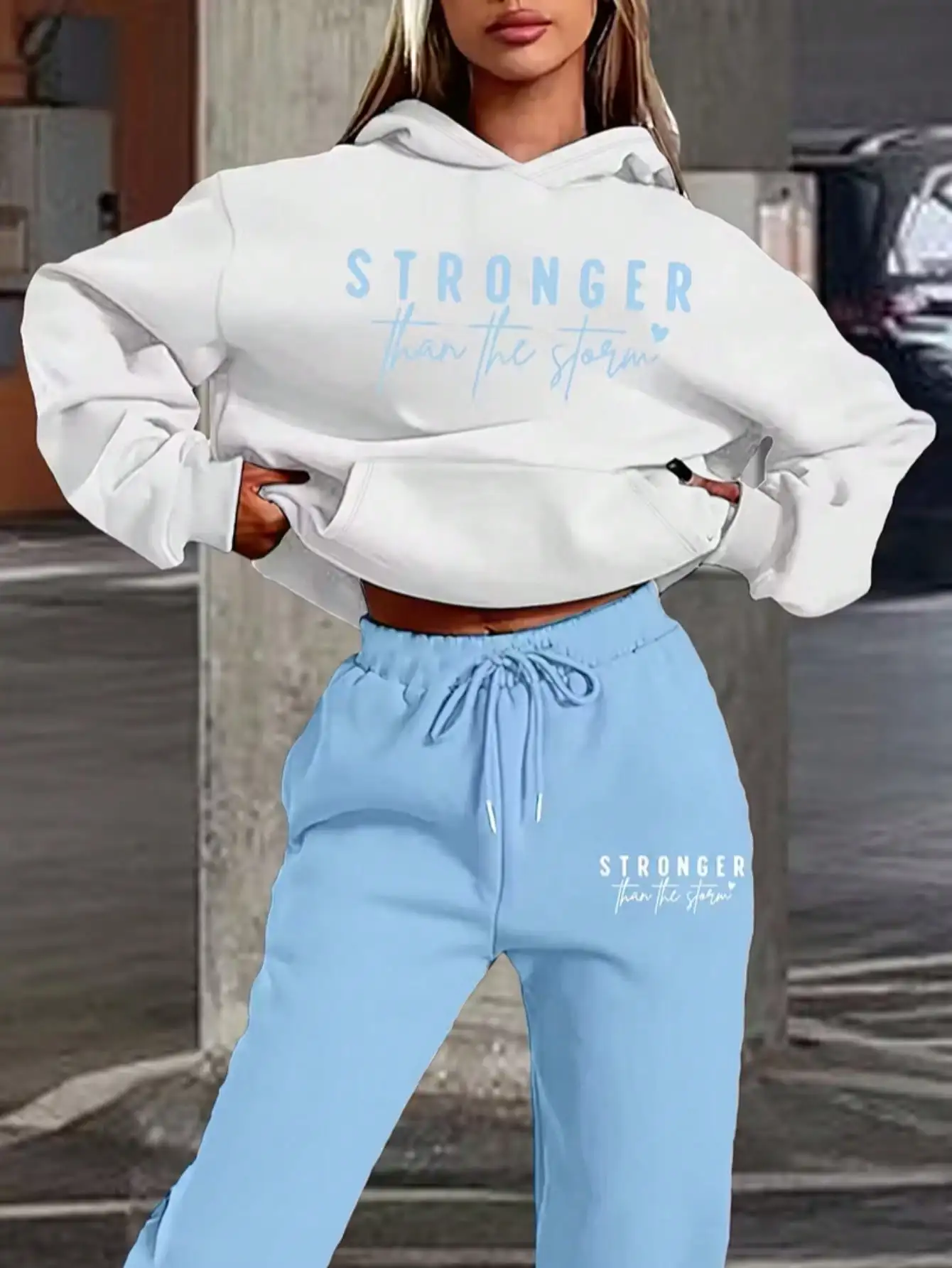 

Women's Stronger Than The Storm Hoodie & Joggers Set, Long Sleeve Crop Top with Pockets, Relaxed Fit, Casual Spring Fall Outfit