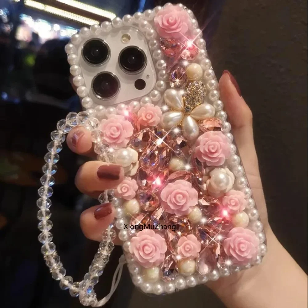 Deluxe Diamant-Perlen-Blumen-Handyhülle Passend für iPhone 18 17 16 15 14 Pro Max 13 12 11 3D-Blumen Transparente Armband-Hülle – Detail 9