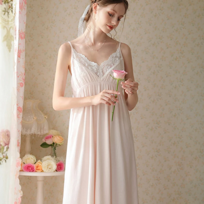 Victorian Vintage Cotton Nightgown Princess Sleepwear Nightwear Romantic Sexy V Neck Nightdress Solid Color Long Night Dress