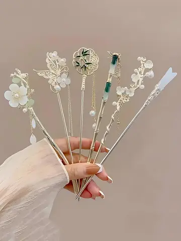 1/6pcs Elegant Chinese Style Tassel Hair Stick Traditional Floral Design Hairstyle Accessory Women Jewelry Hairpin Hairneedle