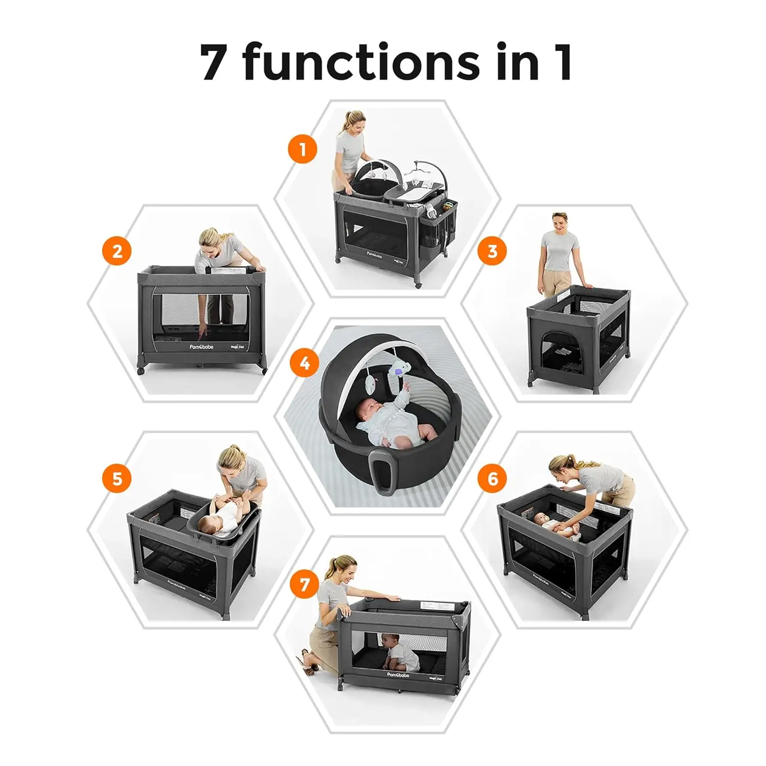 5-in-1 Portable Baby Playard with Quick Setup, Safe Steel Frame, Changing Table & Locking Wheels