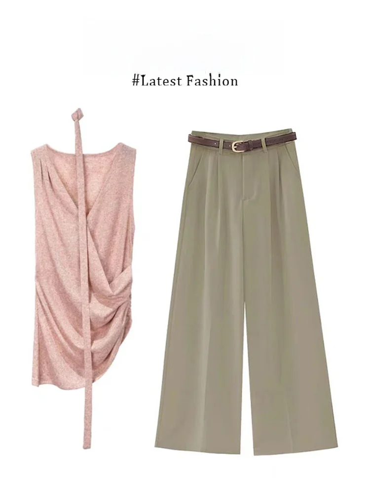 

Летний вязаный комплект: жилет с V-образным вырезом и брюки с широкими штанинами, с завязками на талии, в богемном стиле, с высокой талией, из двух предметов, женская мода