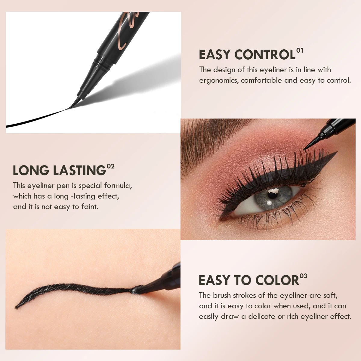 Eyeliner tricolore impermeabile Ultra-Fine in tubo in oro rosa-lunga durata, a prova di sbavature, perfetto per i principianti