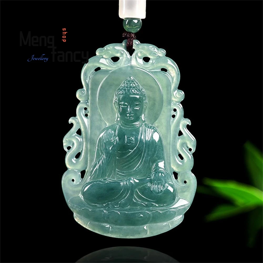 

Natural A-grade Jadeite Blue Water Amitabha Buddha Pendant Guardian Deity Zodiac Dog Pig One's Own Destiny Buddha Luxury Jewelry