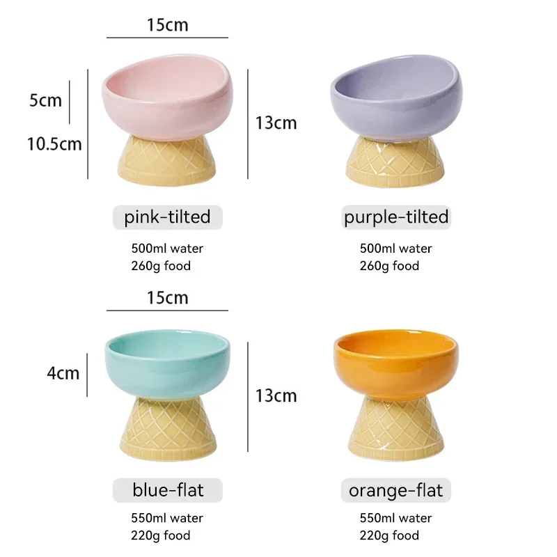 Cat Cute Ceramic Bowl Ice Cream Shape Puppy Dogs Food Water Feeders Elevated Raised Pet Tilted Drinking Eating Accessories