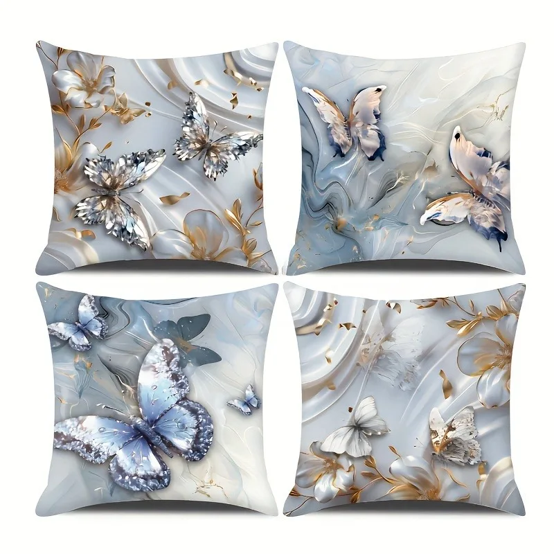 Funda de almohada con estampado Floral de mariposa azul y blanca para decoración del hogar, funda de cojín de poliéster para sofá y sala de estar con cremallera