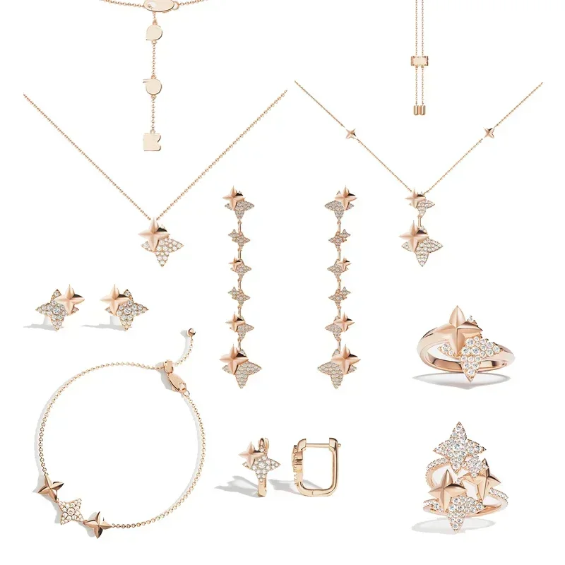 ZPF S925 argent Sterling or Rose étoiles scintillantes gland boucles d'oreilles bague Bracelet collier femmes luxe fille beaux bijoux