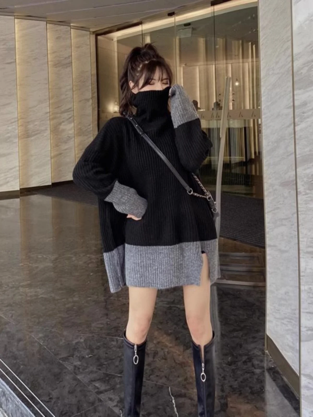 

Extra Large Size plus Size Women's Knitted Long Sve High Collar T-irt Dr Autumn Winter New Sle Loose Color Blo Dr