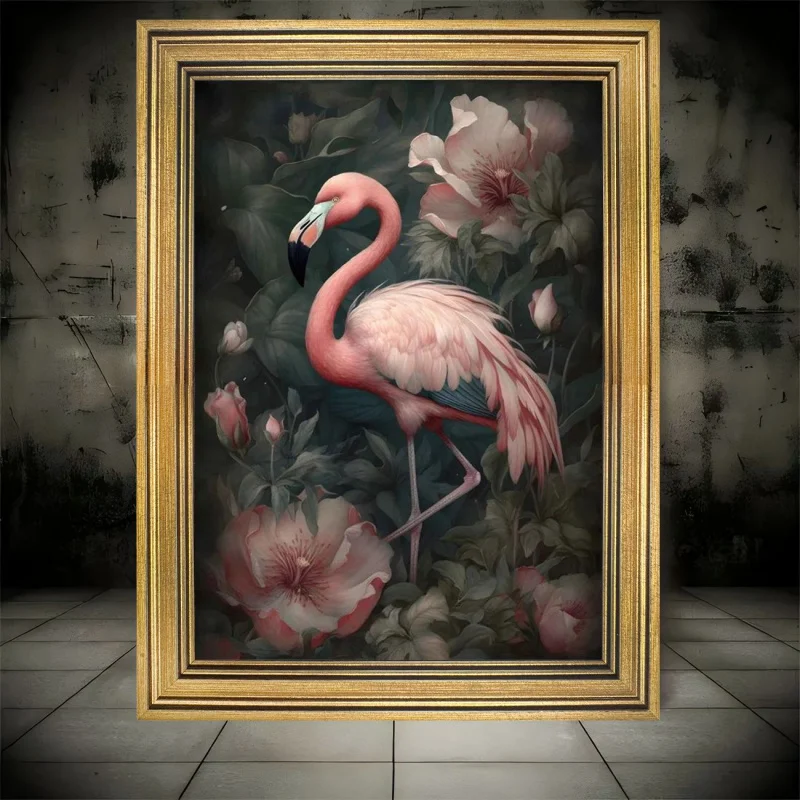 Vintage Golden-frame Pink Flamingo & floral canvas art-11.8 