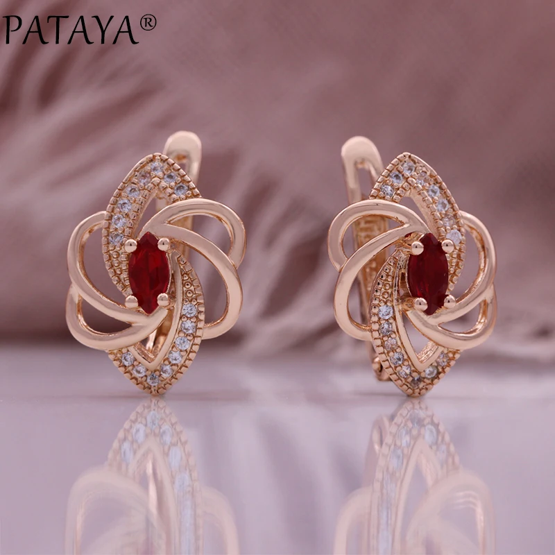 PATAYA Luxury 585 Rose Gold Color Drop Earrings for Women Unique Crystal Flower Natural Zircon Accessories Bridal Jewelry