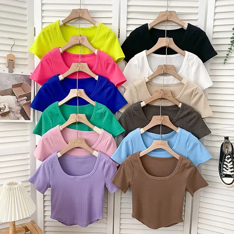 

Girls T-shirt 2024 Summer New Girls Round Neck Slim Fit Irregular Short Sleeved T-shirt Bottom Shirt Outerwear Top
