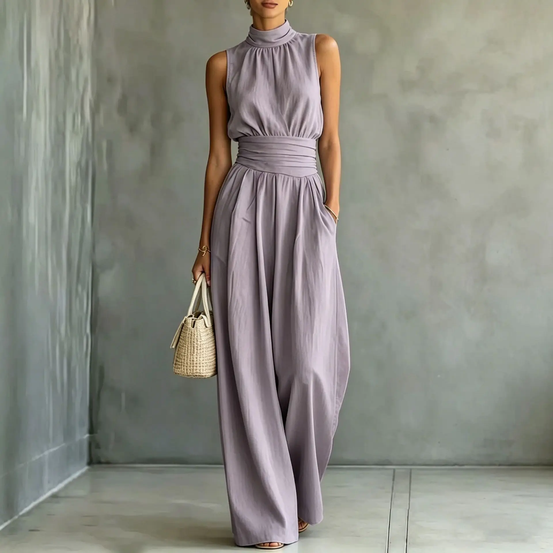 

Women Solid Textured Fabric Jumpsuit Halter Sleeveless Open Shoulder Elastic Smocked Cinched Waist Pockets Wide Leg Romper