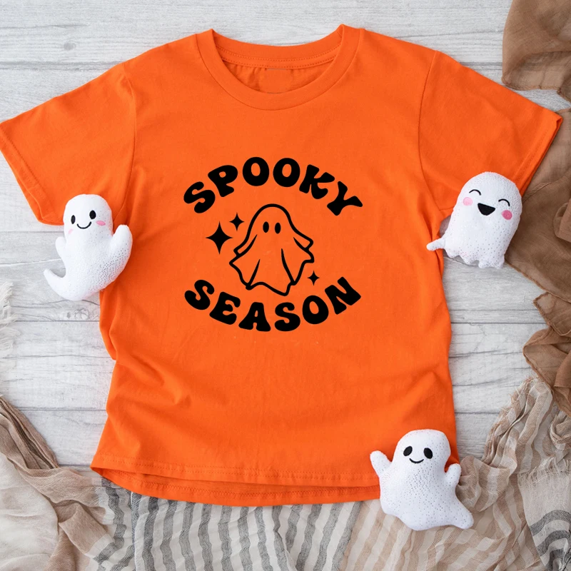 

Spooky Season Halloween Cotton T Shirt for Kids Orange Colour T-shirt Witch Graphic Tee Causal Festival Tops Children Clothes