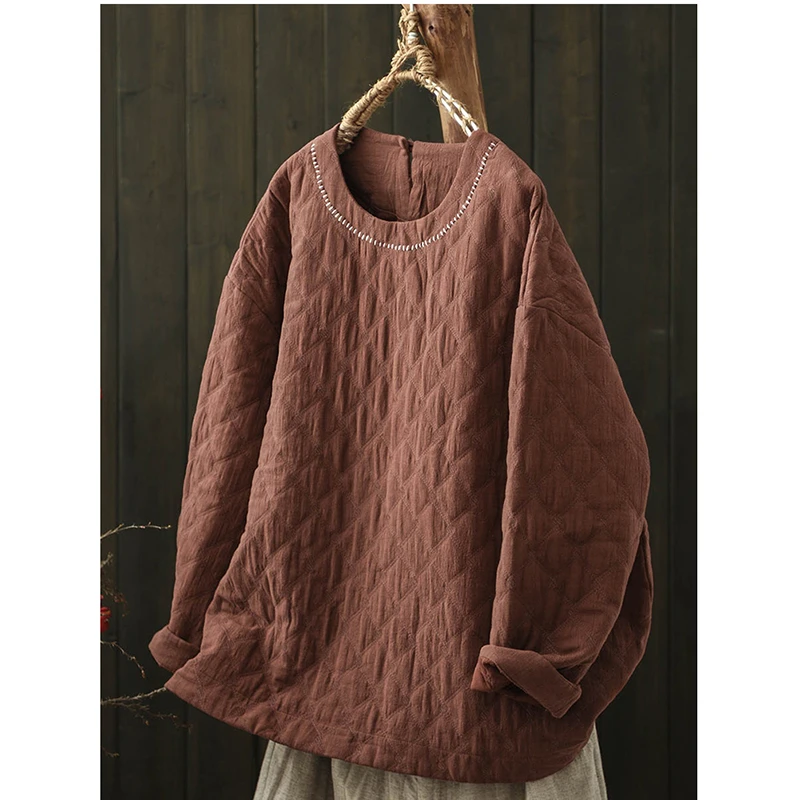 

2026 New Arrival Autumn/winter Pullover O-neck Long Sleeves Parkas Casual Loose High-quality Cotton Linen Jacket Woman M112