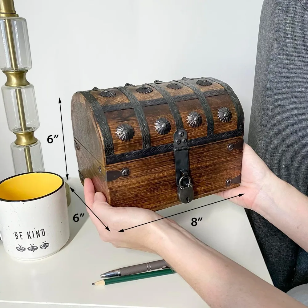 صندوق الكنز الخشبي الكبير ذو الطابع القراصنة مع قفل ومفتاح على الطراز العتيق، صندوق تخزين مزخرف للمقتنيات #3