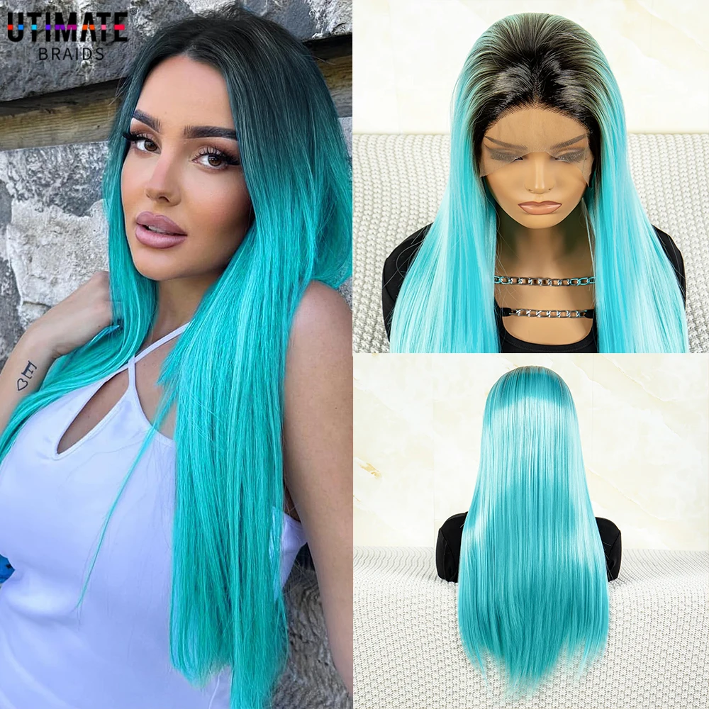 20 Inches Straight Synthetic Wigs Lace Frontal Wig Black Root Blue Wigs for Black Women Daily Use Heat Resistant