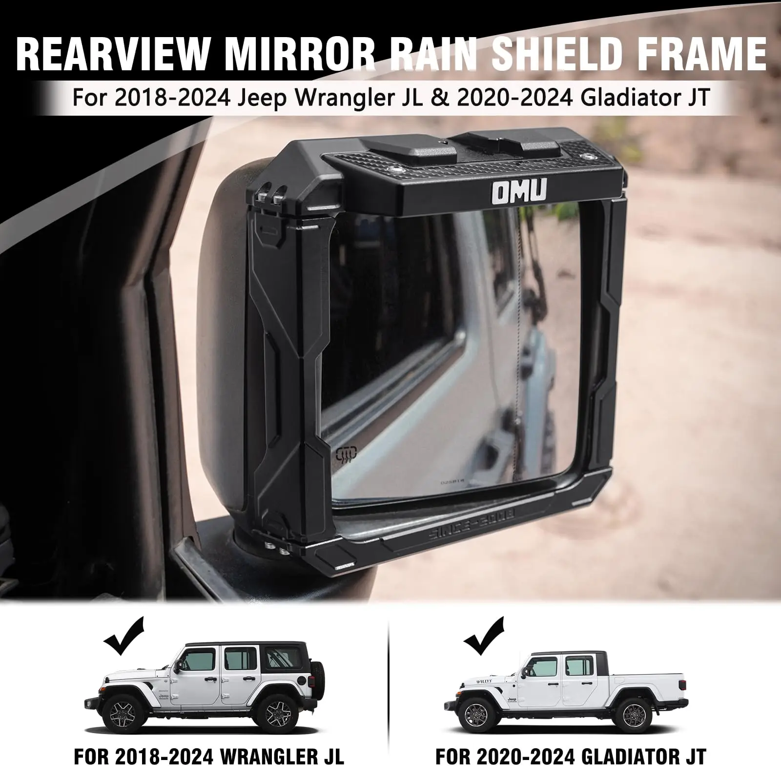 OMU 4x4 Aluminum Rearview Mirror Rain Shield Rain Eyebrows Frame For Jeep Wrangler JL JLU & Gladiator JT For 2018-2025