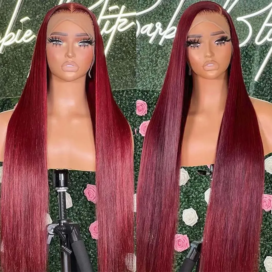 

36Inch Burgundy HD Lace Frontal Human Hair Wig Straight Wine Red 13x6 Lace Front Human Hair Wigs 99J Colored Human Hair Wig 200%