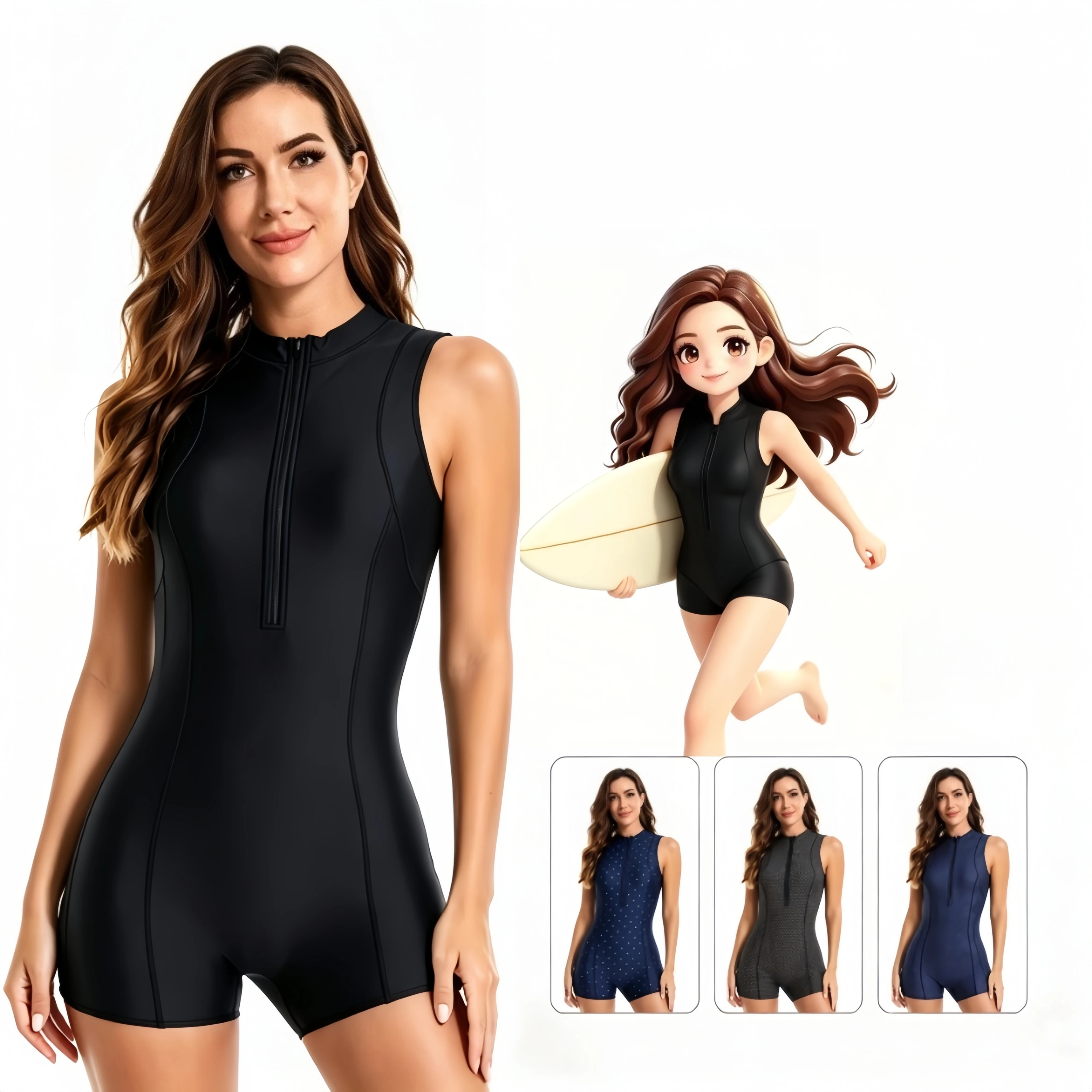 Women Sleeveless One Piece Surf Suit Front Zipper Boy Short Bathing Suit Conservative Swimwear For Surfing Swimming