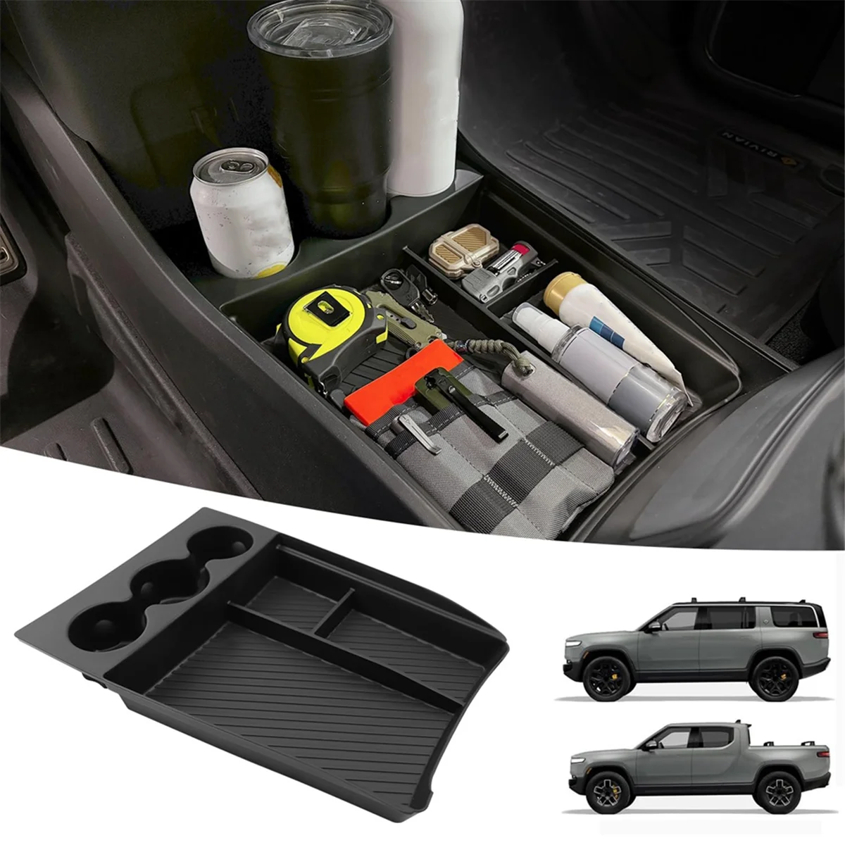 Lower Center Console Organizer Tray with Cup Holder for Rivian R1T/R1S 2022-2024 Console Storage Box Accessories