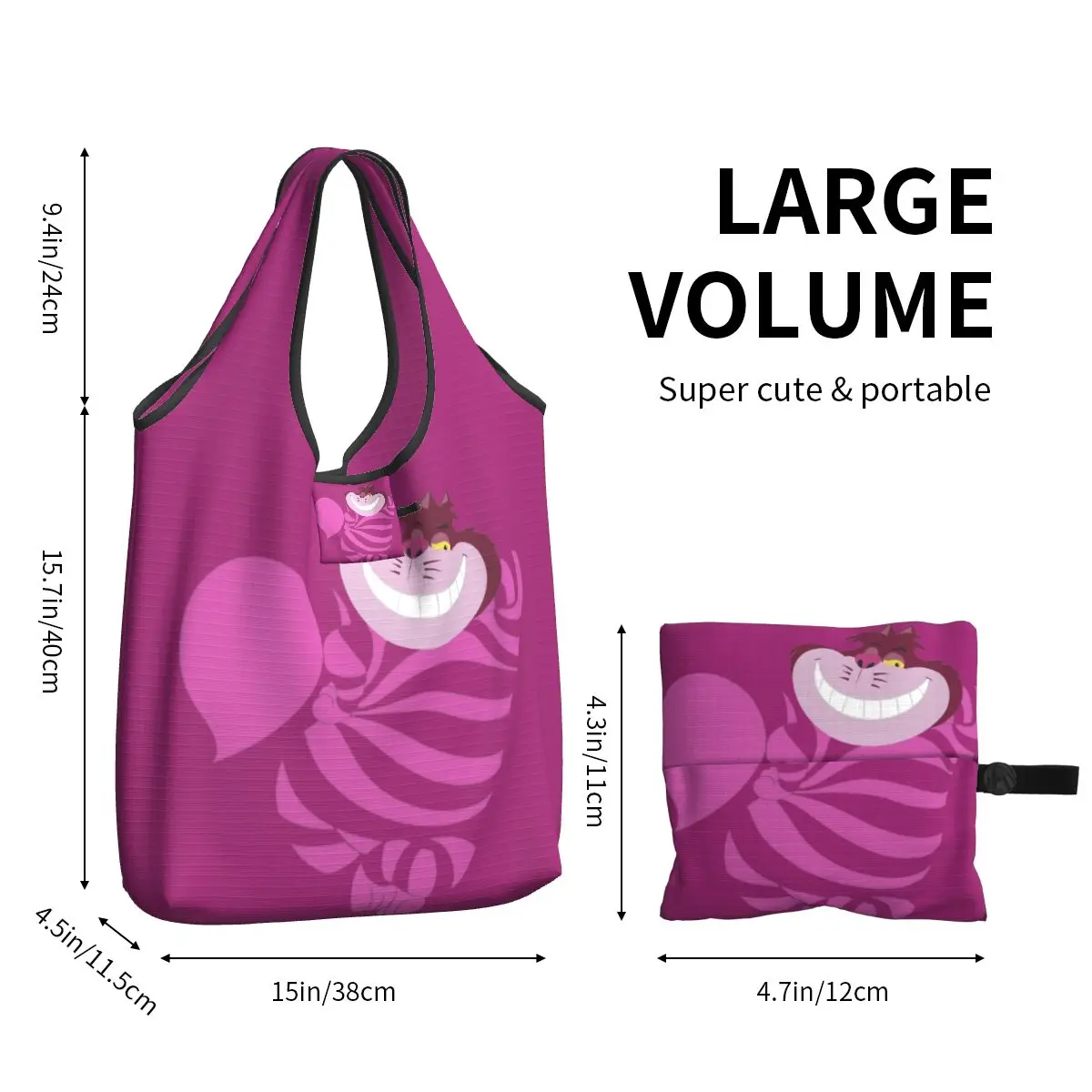 Cheshire The Cat Funny Cartoon Grocery Bags Recycle Foldable Shopping Eco-Friendly Bag Washable Waterproof