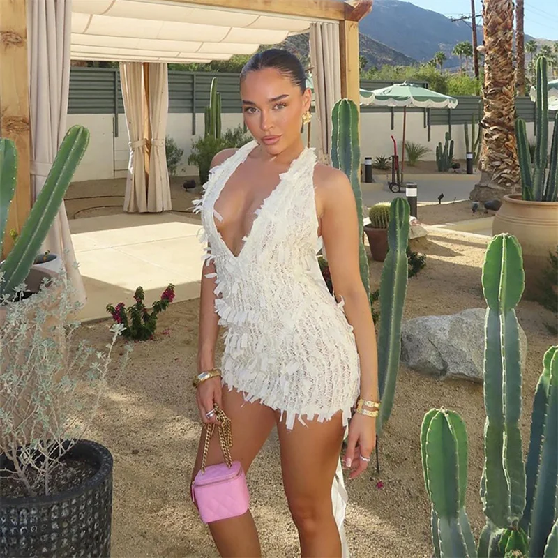 Doyerl شير شرابة Bodycon فستان قصير المرأة عيد ميلاد النادي الليلي حفلة الرسن الخامس الرقبة عارية الذراعين غمد مثير فساتين قصيرة عطلة