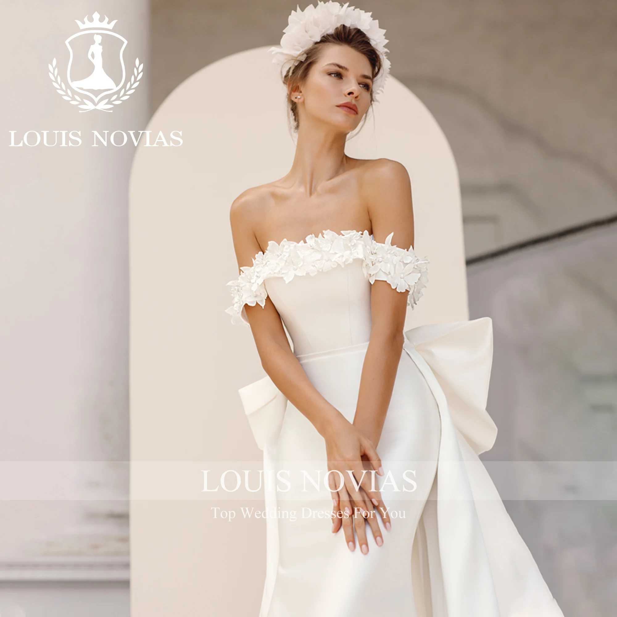 LOUIS NOVIAS Satin Mermaid Wedding Dresses For Women 2023 Off The Shoulder Sweetheart Flowers Bow Detachable Train Wedding Gown