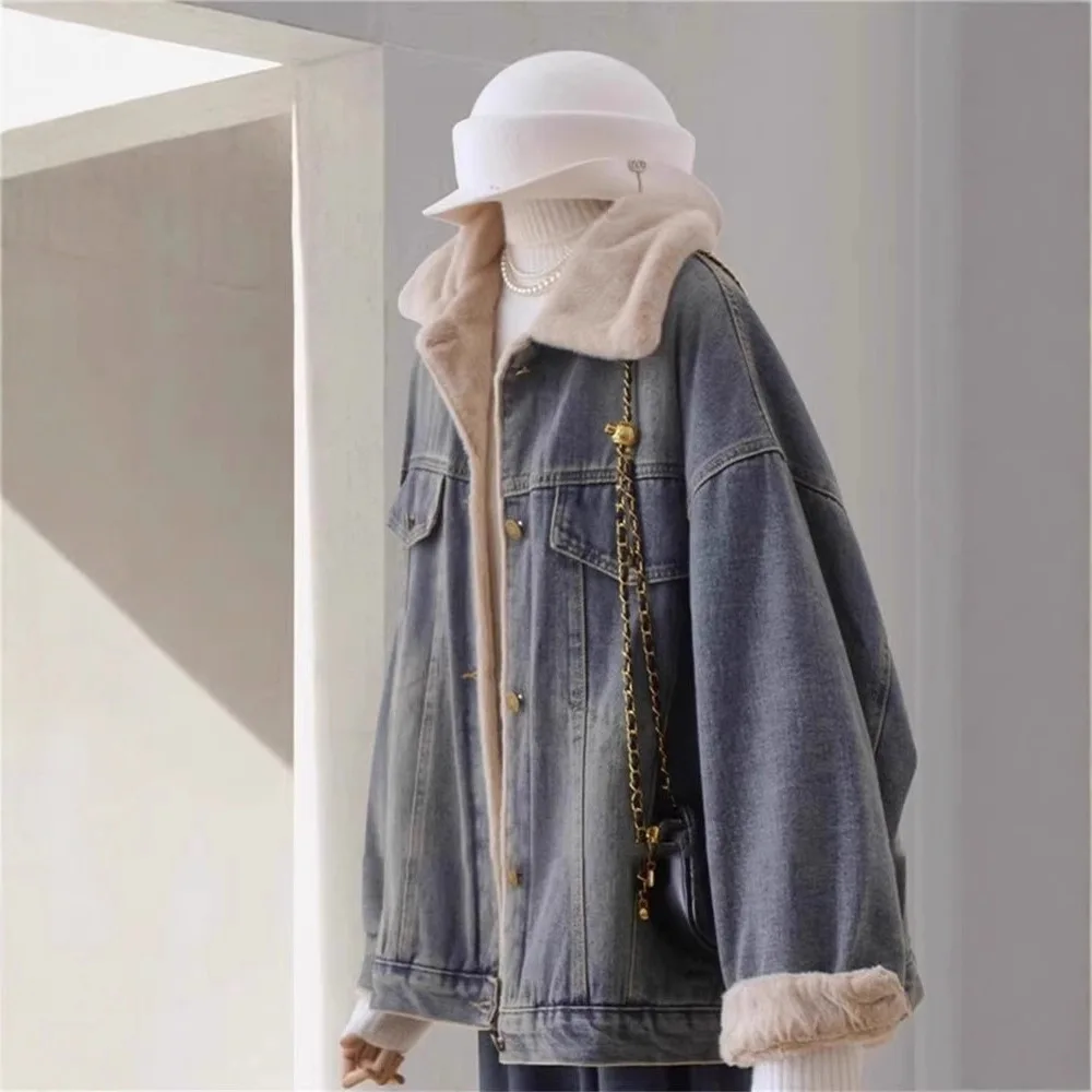 

Wearing lamb wool denim jacket on both sides women's winter Korean version casual loose and fluffy cotton jacket
