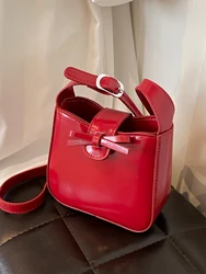 Simple Red Small Bag Women's New Sweet Bow Mini Bucket Handbags Korean Fashion Versatile Texture Single Shoulder Crossbody Bags