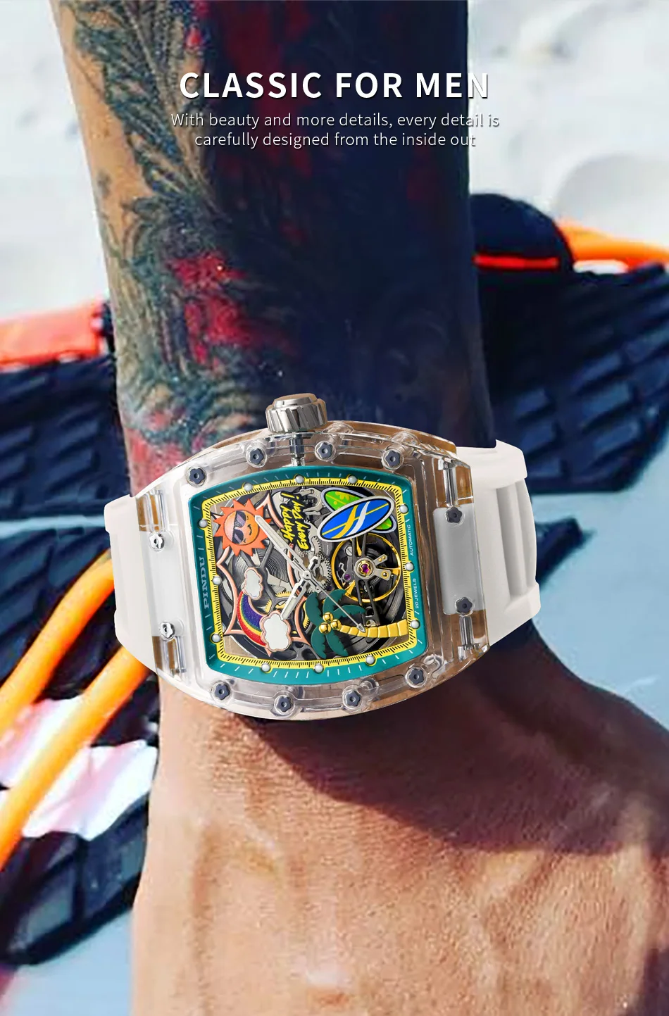 Neue PINDU Uhr mit einzigartigem Zifferblattdesign, mechanische Uhr für Herren, Sommer-Strandmode-Uhr, leuchtend, wasserdicht, mit Harz-Silikonarmband. – Detail 9