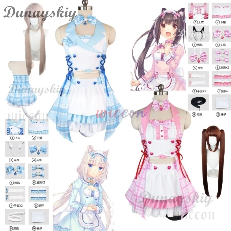 Juego Nekopara vainilla Chocola disfraz de Cosplay Anime Nekomimi Paradise peluca estampado traje de sirvienta mujer Sexy traje de Carnaval Kawaii