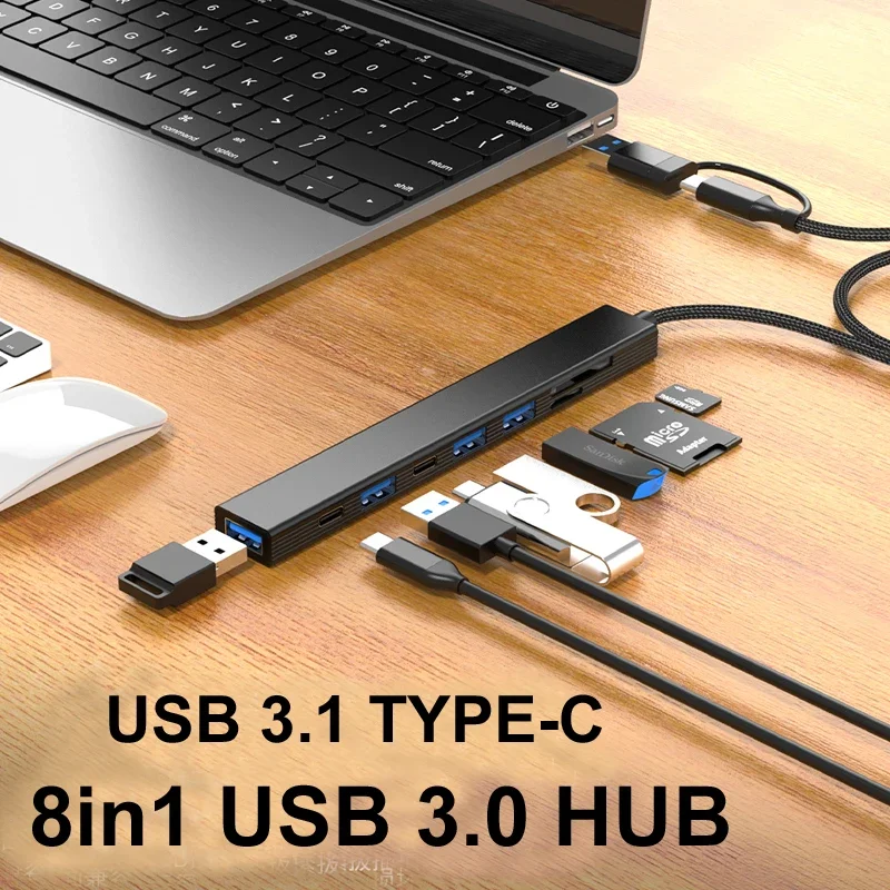 8 Ports USB 3.0 HUB Double Head USB C TYPE C with SD MICRO SD Card Reader USB2.0 Data Transfer Cable Splitter Type C Charge Dock