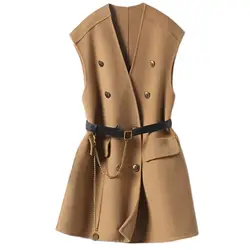 Autunno inverno gilet giacca donna 2023 nuovi abiti di lana larghi colore puro scollo a v senza maniche gilet cintura cappotto di lana femminile