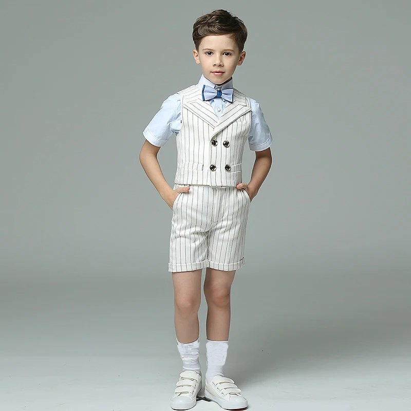 

Boys Wedding Suit Kids Summer Shirt Vest Shorts Bowtie 4PCS Formal Suit Child White Party Costume Teenager Photography Uniform