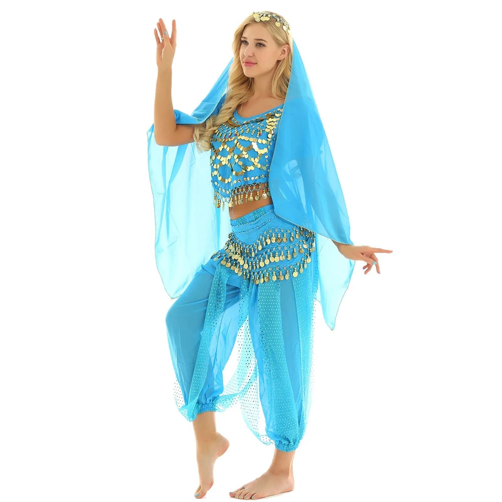 Womens Belly Dance Costume Coins Tassel  Bras Top with Harem Pants Hip Scarf Outfit for Fancy Dress Rave Party Stage Performance