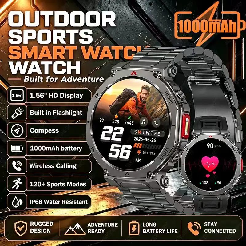 2026 new outdoor extreme sports smartwatch, compass, 1.56 high-definition large round screen, 1000mAh large battery,holiday gift